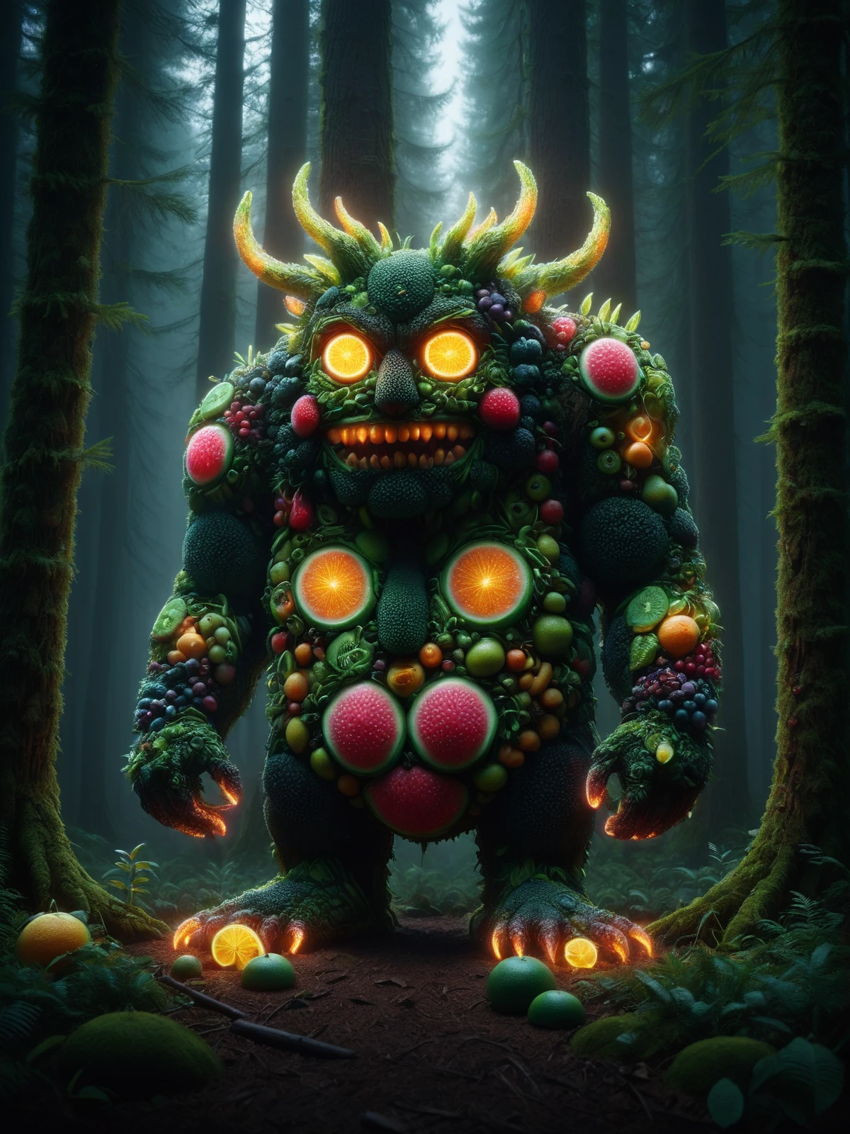 monster made of mad-frts in the forest <lora:Neon_Fruits_Style_SDXL:1.2>, masterpiece, best quality, ultra high res, (photorealistic, realistic:1.2), deep shadow, raw photo, film grain, Fujifilm XT3, 8k uhd, dslr