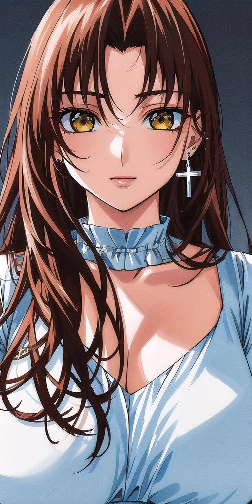 <lora:EclairV2:0.7> kgeclair, huge_breasts, standing, solo, cross_earrings_single_earring, masterpiece, best quality, detailed face, detailed eyes, highres,