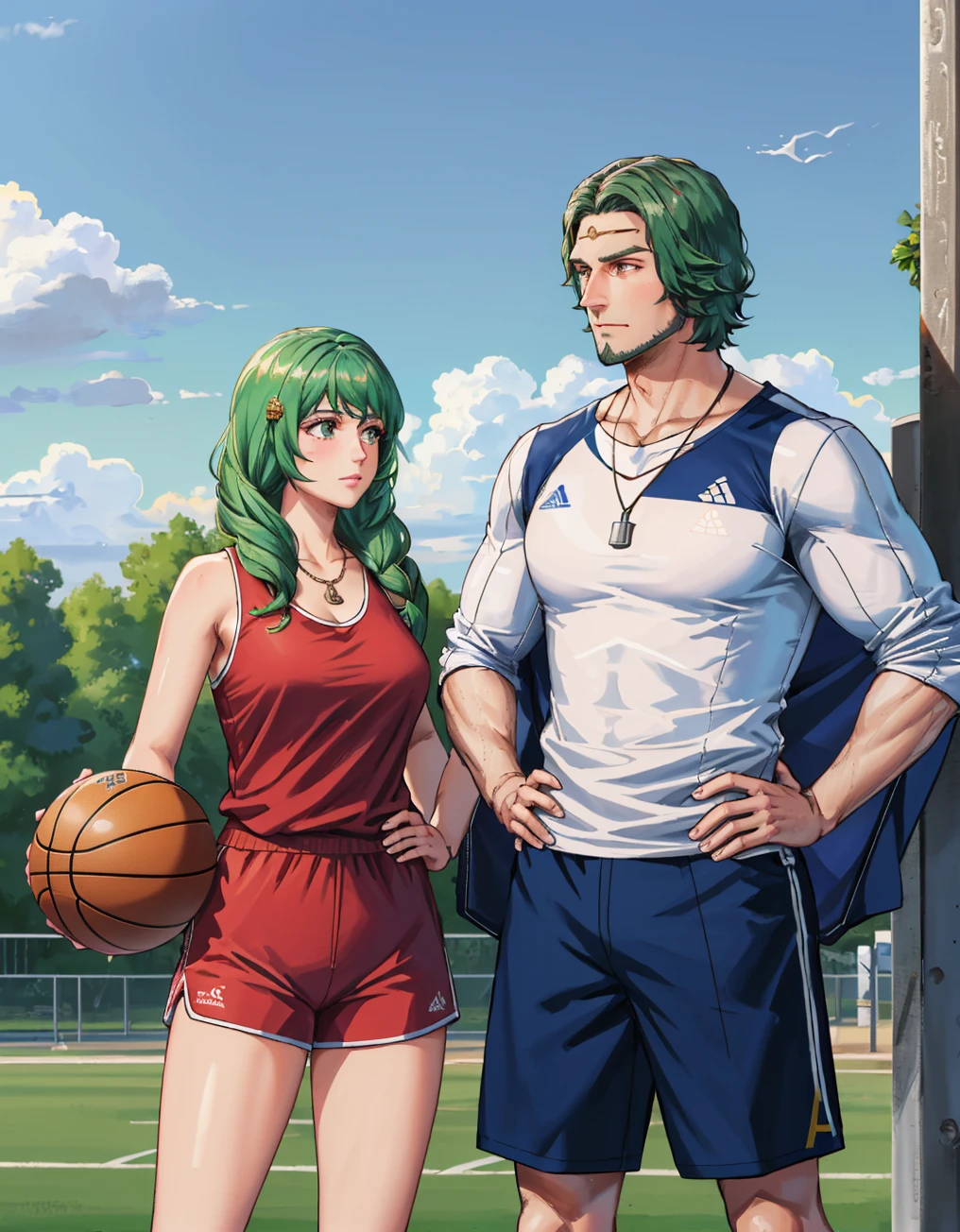 masterpiece, outdoors, park, sky, standing, 1boy, 1girl, father and daughter, mature male, hand on hip, furrowed brow, tank top, <lora:SetethFE3H-bsinky-v1:0.7> setethFE, beard, shorts, red jersey, holding basketball, necklace, coaching