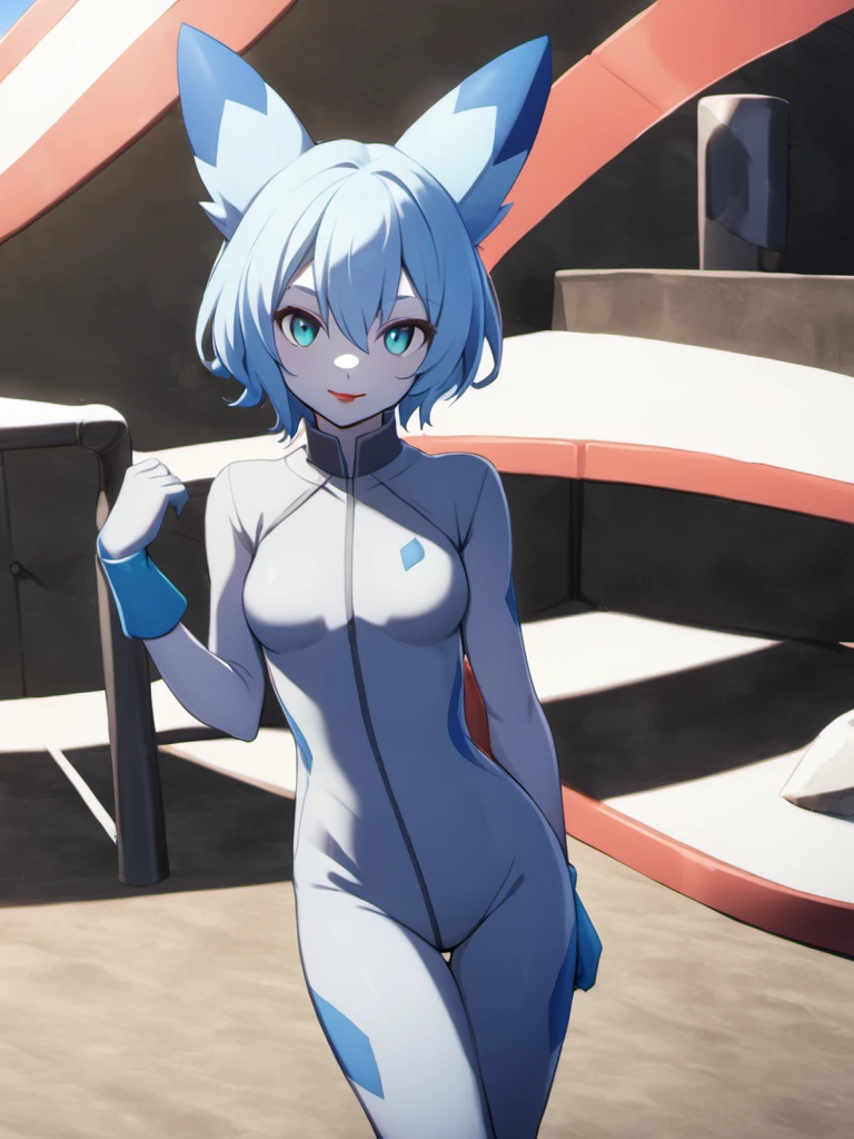 palowrld-chillet, pokemon,
1girl, vivacious, pale skin, gloves, hair between eyes, leather gloves, looking at viewer, medium breasts, grey pilot suit, red lips, short hair, solo, thighhighs, fox ears, small breasts, anime style, depth of field, <lora:palworld_chillet_xl_lora_v3-000008:0.8>