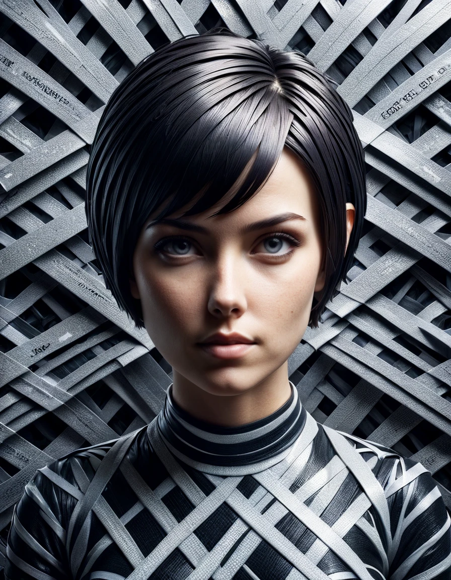 masterpiece, best quality, HDR, (monochrome:1.05) portrait of a woman, face shot, short hair, BREAK, (vivid polychromatic kaleidoscopic background), ral-barriertape <lora:ral-barriertape:1> ral-barriertape landscape