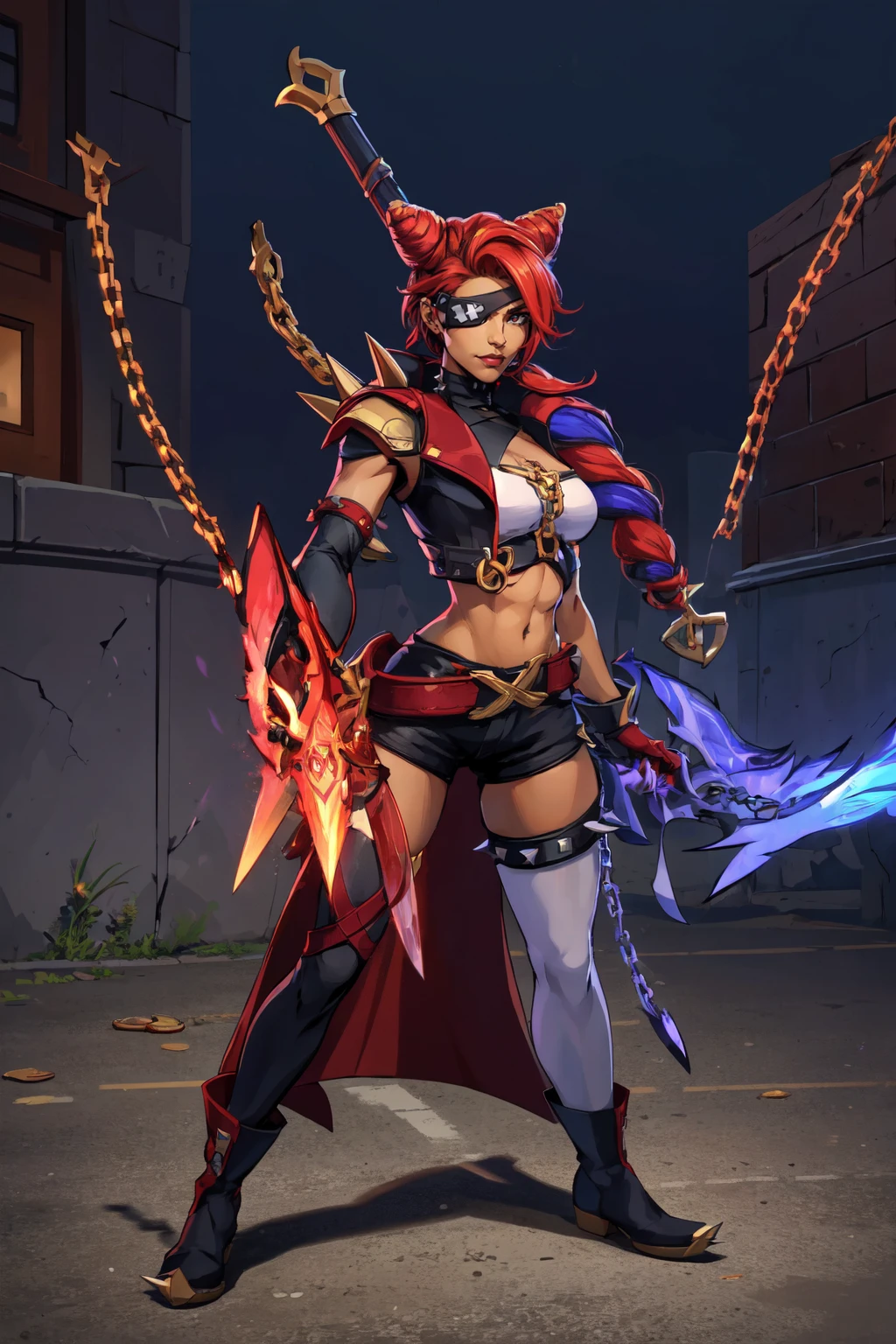 <lora:zoom_slider_v1:0>((( a woman standing in a modern city:1.2, dynamic pose,))) beautiful eyes, beautiful girl, high detail skin, high detail eyes, high detail hair, highres, ultra detailed, sharpen picture, Highly detailed, masterpiece, best quality, photorealistic, <lora:SamiraSFLoRA:0.7> 1girl, long hair, hair bun, ponytail, eyepatch, jacket, elbow gloves, top with armor, multicolored hair, shorts, belt, single thighhigh, armlet with spikes, asymmetrical legwear, garter with spikes, boots, holster, pirate sash, sword with chain on back, red gun with chain, blue gun with chain, dual wielding