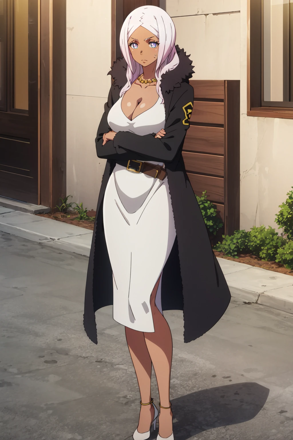 <lora:anime_screencap_v2:0.3> tall body, tall, long legs, mature female, mature, adult, <lora:GoodHands-beta2:1.4>,
 <lora:eft_ff_hibana:1> , eft_FireForce_Hibana, 1girl, breasts, cleavage, solo, white hair, dress, necklace, dark skin, jewelry, coat, dark-skinned female, large breasts, belt, crossed arms, long hair, fur trim, purple eyes, looking at viewer