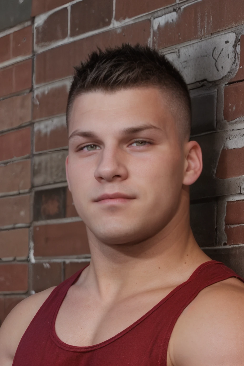close-up headshot photo of sc_brodie <lora:sc_brodie-04:1> wearing a red tank top standing in front of a brick wall, light bokeh, looking at viewer