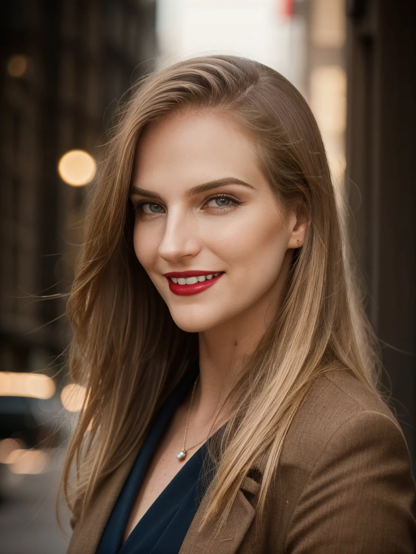 cinematic film still RAW photo of HannaNoMake, smiling, red lips, blonde straight hair, business clothes, (looking at viewer:1.1), <lora:backlight_slider_v10:1.2>, <lora:epiCRealismHelper:1>, <lora:skin_tone_slider_v1:-1>, modern empty street at night background, 8K, 16k, uhd, dslr, best quality, high quality, realistic, photo-realistic, ultra-detailed, <lora:HannaNoMake:1>, PA7_Portrait-MS . shallow depth of field, vignette, highly detailed, high budget, bokeh, cinemascope, moody, epic, gorgeous, film grain, grainy