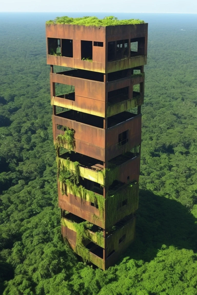 Abandoned factory buried in tropical jungle,  simple geometric volume,  part buried in swamp,  part perched on cliff, 
industrialbuilding,  rich light and shadow,  scifi,  realistic, xtower,<lora:EMS-61413-EMS:0.500000>,<lora:EMS-274228-EMS:0.500000>,<lora:EMS-282814-EMS:1.000000>