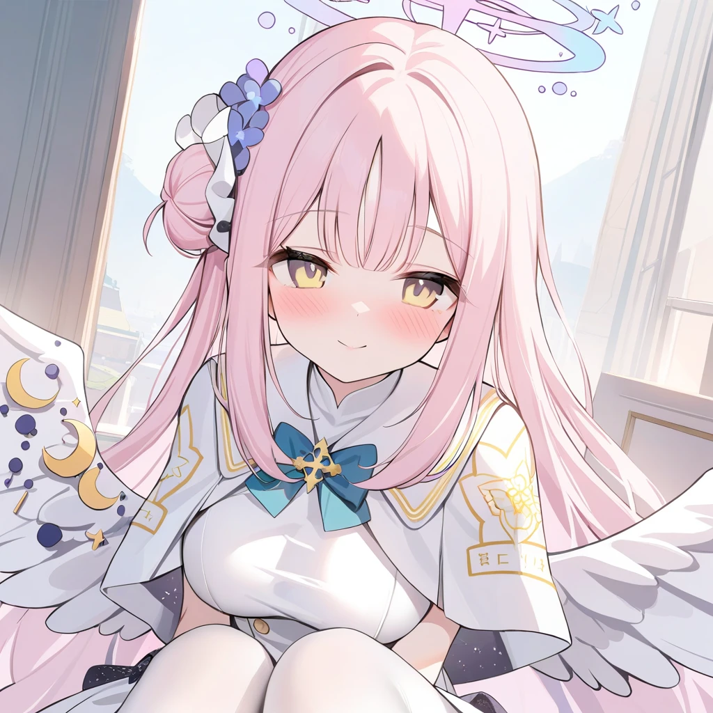 masterpiece,best quality,1girl,1girl, solo, pink_hair, white_pantyhose, mika_\(blue_archive\), halo, smile, capelet, long_hair, looking_at_viewer, wings, pantyhose, blush, white_dress, yellow_eyes, dress, bow, blue_bow, breasts, bangs, sitting, closed_mouth, hair_bun, single_side_bun, white_capelet, white_wings, hair_between_eyes, crescent, very_long_hair, hair_ornament