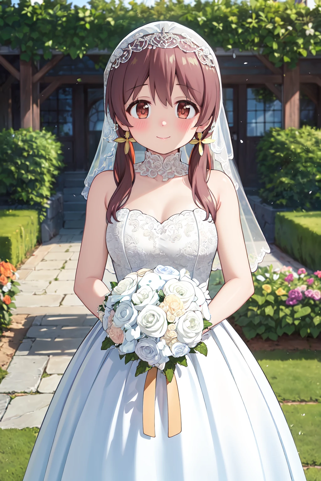 masterpiece,best quality,highres,ultra-detailed,murosaki miyo,long hair,low twintails,bangs,hair flower,<lora:murosaki_miyo:0.7>,(wedding dress:1.2),white dress,(veil:1.2),garden,smile,outdoors,standing,cowboy shot,holding bouquet,hair bun,