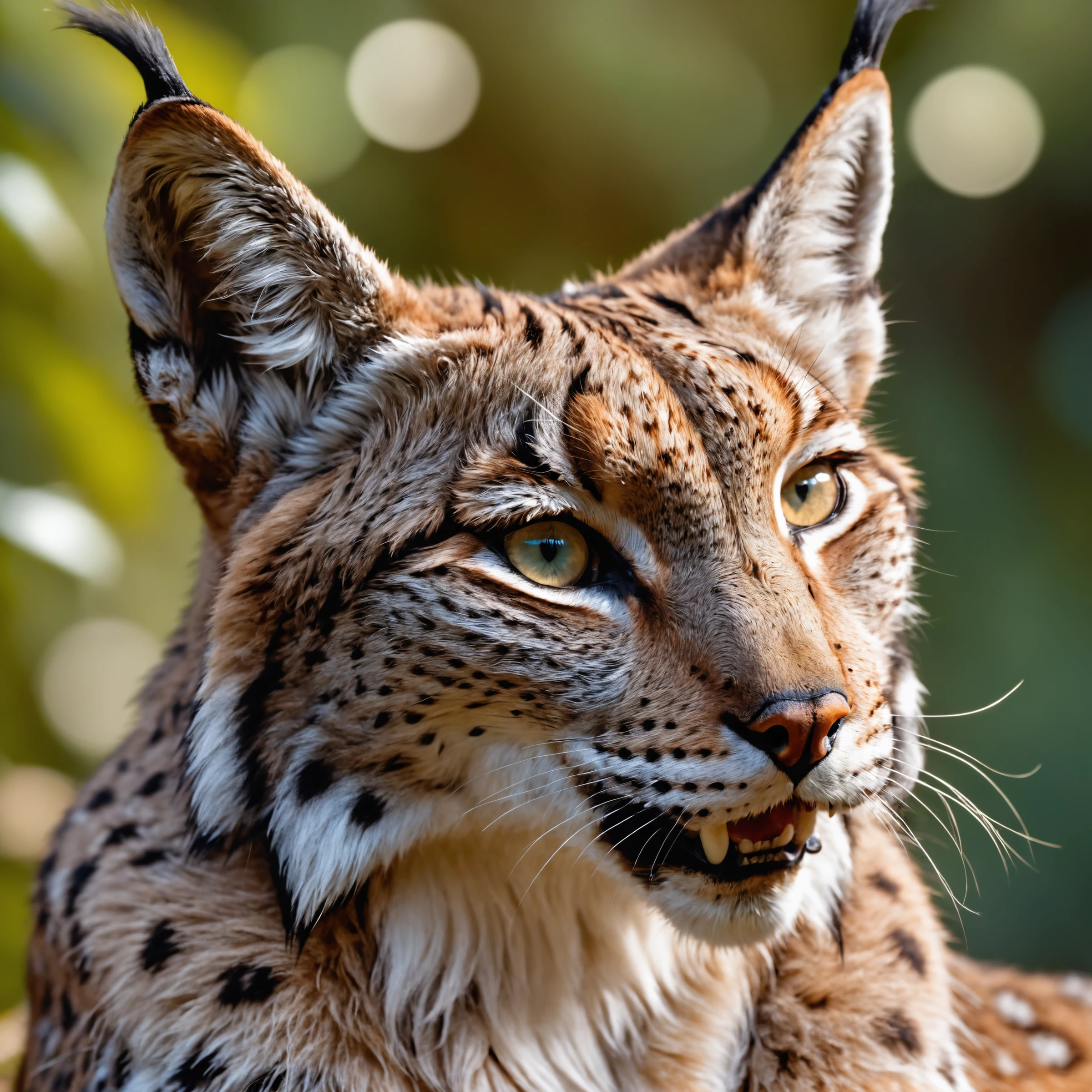 closeup of an anthro female lynx, fangs sitting in nature , detailed, realistic, 8k uhd, high quality, high quality photography, 3 point lighting, flash with softbox, 4k, Canon EOS R3, hdr, smooth, sharp focus, high resolution, award winning photo, 80mm, f2.8, bokeh