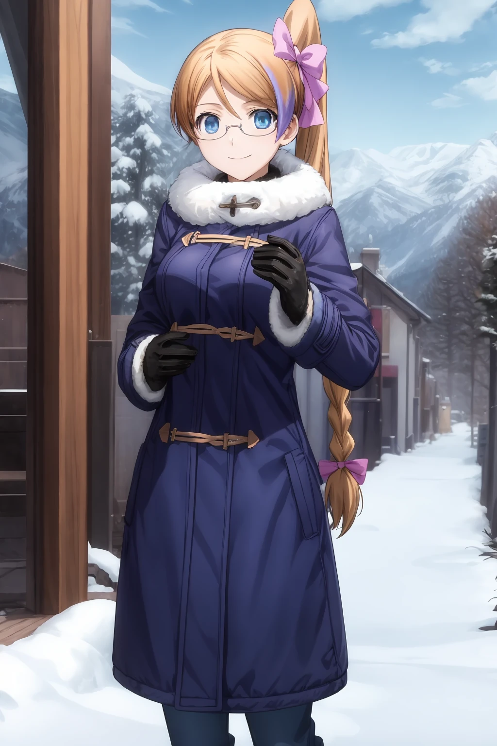best quality, masterpiece, long hair, breasts, blue eyes, orange hair, bow, medium breasts, side ponytail, hair bow, multicolored hair, glasses, 1girl, winter coat, fur coat, fur gloves, long pants, winter scenery background, mix_fujimura, look at viewer, smile
