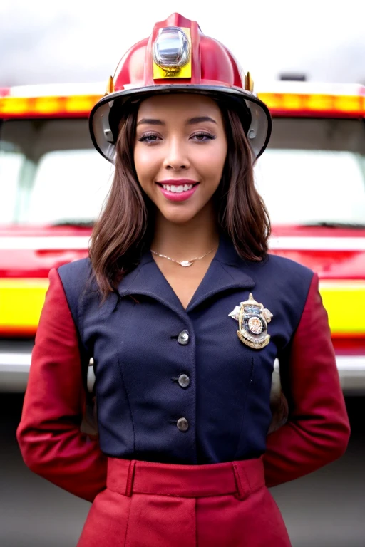 arafed hot thick muscular Puerto Rican female woman in a firefighter's uniform standing in a locker, firefighting gear, firefighter, young female firefighter, full costume, fireman, profile shot, full body close-up shot, full uniform, full body with costume, by Bernie D’Andrea, full-body-shot, profile image, full body shot close up, profile picture, full body length chubby cheeks and cute dimples beautiful smile and perfect teeth hot bubblegum lips beautiful eyebrows hot brown eyes and wearing less makeup and glitter blush Puerto Rican golden toned tanned skin long dark chocolate curly hair