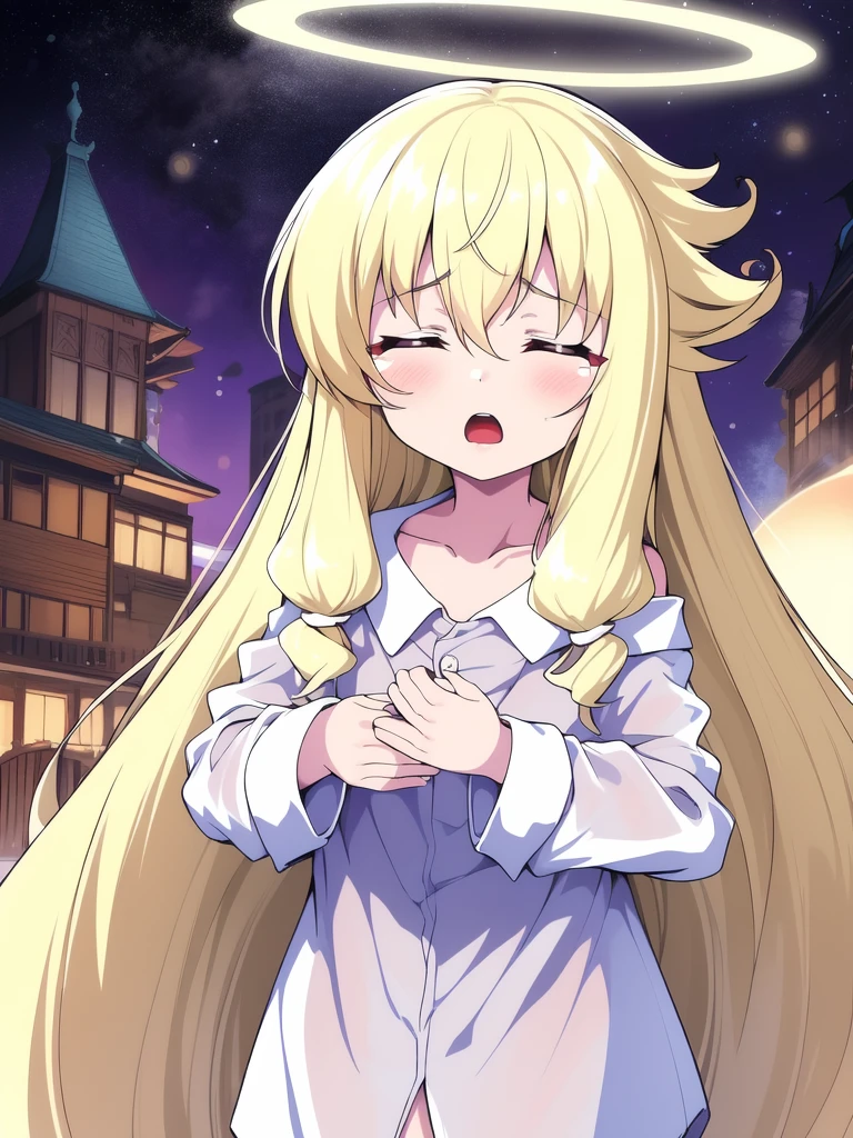 <lora:angelia_avallone:0.8>, angelia, 1girl, long hair, very long hair, blonde hair, halo, shirt, solo, galaxy, long sleeves, rubbing eyes, bangs, sleepy, off shoulder, standing, sidelocks, closed eyes, holding, naked shirt, cowboy shot, flat chest, pajamas, dress shirt, tears, red eyes, collarbone, open mouth,
masterpiece, high quality, very_high_resolution, large_filesize, full color,