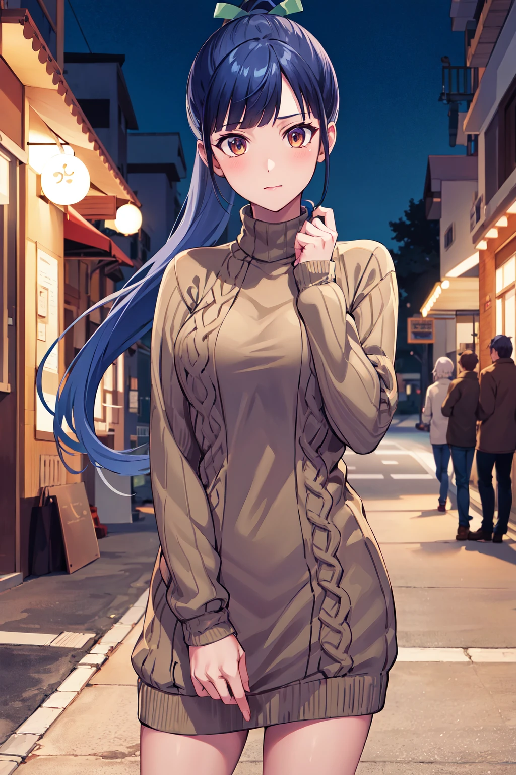 masterpiece, best quality, highres, 1girl, solo, long hair, blue hair, ponytail, hair ribbon, brown eyes, <lora:tsuruga_ami_v1:0.7>, sweater dress, turtleneck, night, street, standing, cowboy shot,