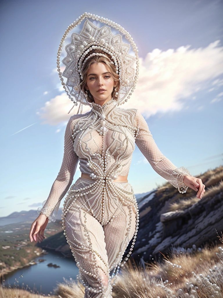 (action shot, dynamic angle, dynamic pose, motion, kinetic:1.2), sl4v1ccr0wnwh1t3 , medium shot, [evelynnobodysd15|Sh4r0nT4t301-200], solo, (huge round  breasts:0.9), hair slicked back, slender,  fashion model, crown,pearl mesh disk crown, many  tassels, facing away from viewer, skintight beaded lace bodysuit, pearl beads , slim waist, in a hilly blasted heath, <lora:sl4v1ccr0wn_multi-000007:1> <lora:Pokies50-F:0.5> pokies