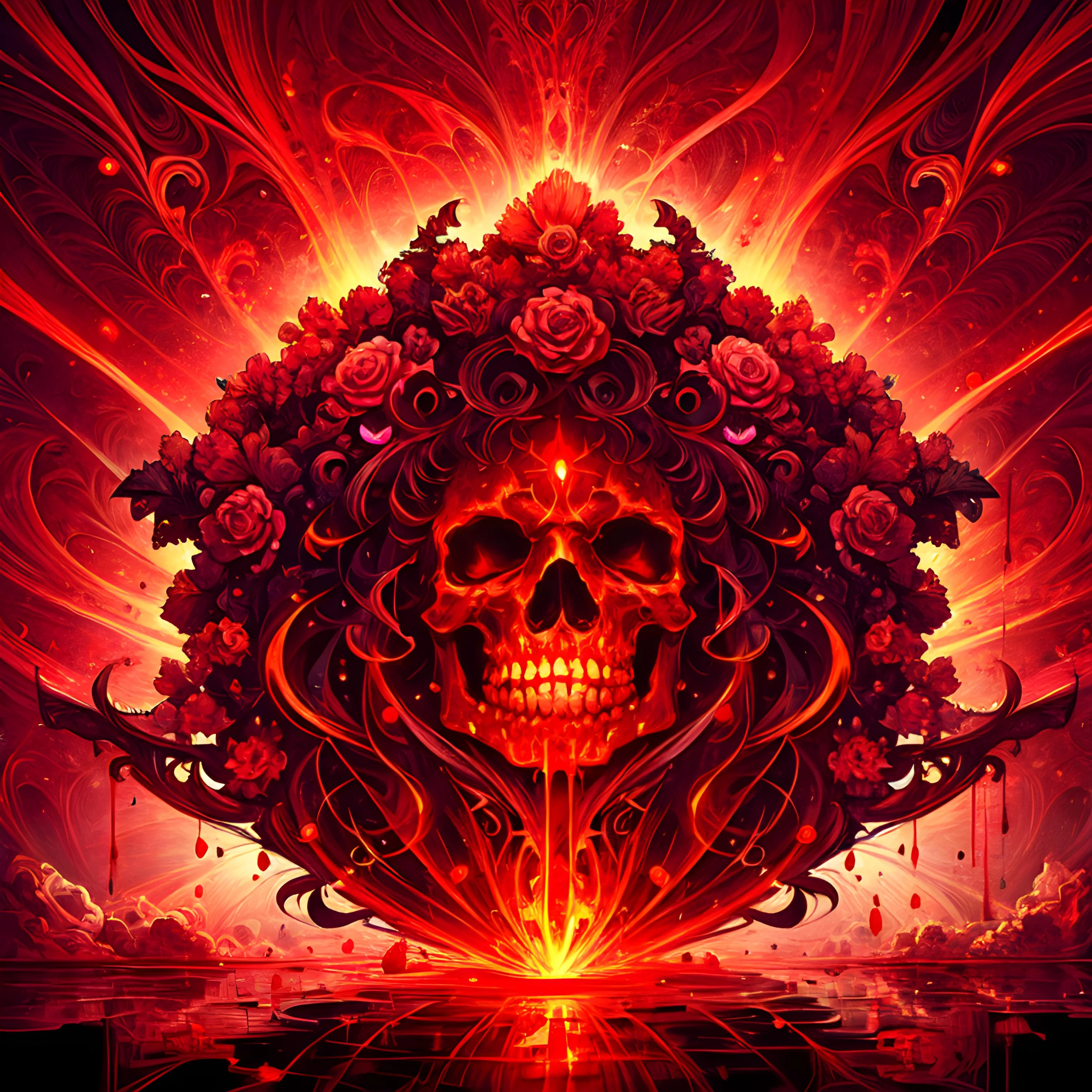 ASCIIBlood, Skulls, fiber, <lora:Bleedinglove:0.6>, fractalface, Bleedinglove, neon, high contrast, very detailed, reflection, glowin fractal,  meditation