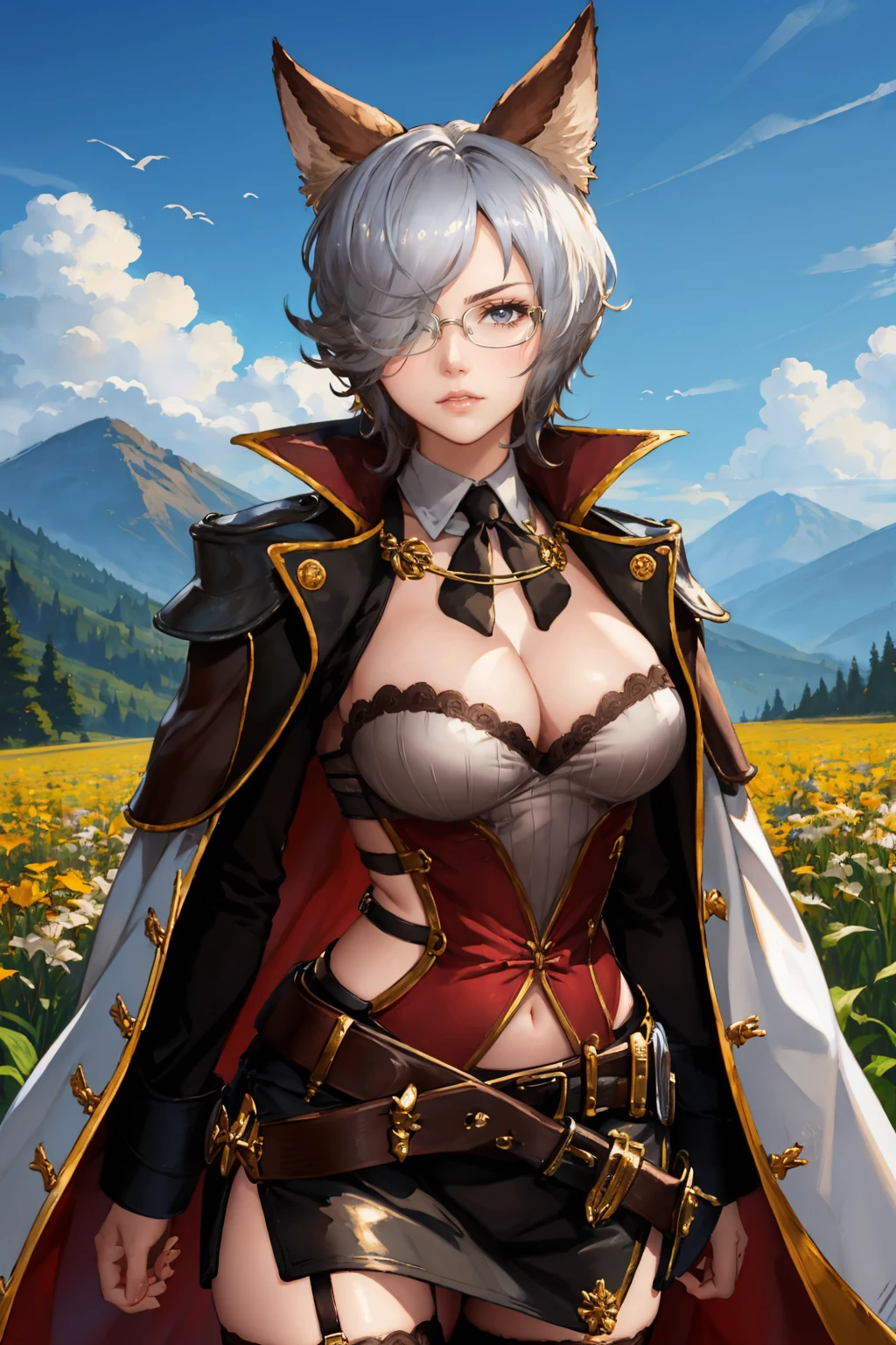 masterpiece, best quality, <lora:gbffreesia-nvwls-v1-000010:0.9> gbffreesia, cat ears, erune, hair over one eye, glasses, black jacket, black necktie, long sleeves, cleavage, white coat, coat on shoulders, belt, black skirt, fishnet thighhighs, large breasts, furrowed brow, looking at viewer, serious, standing, looking at viewer, field, sky, cliffs, mountains