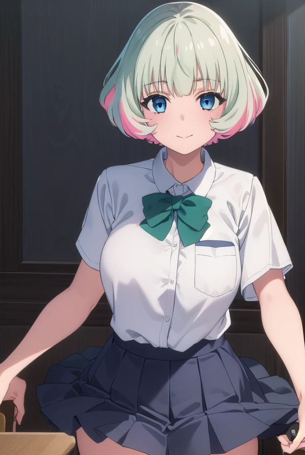 hibikimorishima, <lora:hibiki morishima s1-lora-nochekaiser:1>,
hibiki morishima, short hair, bangs, blue eyes, grey hair, pink hair, multicolored hair, two-tone hair, smile,
BREAK skirt, shirt, thighhighs, bow, school uniform, white shirt, short sleeves, pleated skirt, collared shirt, bowtie, white thighhighs, green bow, pocket, brown skirt, shirt tucked in, breast pocket, green bowtie,
BREAK indoors, classroom,
BREAK looking at viewer, (cowboy shot:1.5),
BREAK <lyco:GoodHands-beta2:1>, (masterpiece:1.2), best quality, high resolution, unity 8k wallpaper, (illustration:0.8), (beautiful detailed eyes:1.6), extremely detailed face, perfect lighting, extremely detailed CG, (perfect hands, perfect anatomy),