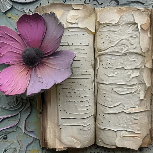 <lora:artfullyparched-v1-000014:1>,
old papert,aerial view,carved books,cracked,distressed edges,dreamy and romantic compositions,fine lines,in the style of broad palette knife marks,in the style of pale palette,in the style of rustic texture,letterboxing,organic sculpting,raw versus finished,rectangular fields,torn,whitewashed narratives,tarot art with flower carvings,apocalypse art,concept art,detailed rendering,dramatic,embossed paper,installation creator,light silver and light purple,light gray and magenta,neo-concrete art,this piece of art looks like a painted face,book art installations,dark white and light violet,daydreampunk,detailed textures,text-based mixed media,layered stencil work,in the style of floral surrealism,