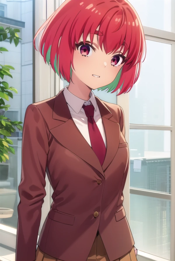 kanafujii, <lora:kana fujii s1-lora-nochekaiser:1>,
kana fujii, short hair, bangs, (red eyes:1.3), ahoge, red hair, multicolored hair, green hair, two-tone hair, thick eyebrows, grin,
BREAK skirt, shirt, long sleeves, school uniform, jacket, white shirt, pleated skirt, necktie, collared shirt, red skirt, blazer, red necktie, brown skirt, brown jacket,
BREAK indoors, classroom,
BREAK looking at viewer, (cowboy shot:1.5),
BREAK <lyco:GoodHands-beta2:1>, (masterpiece:1.2), best quality, high resolution, unity 8k wallpaper, (illustration:0.8), (beautiful detailed eyes:1.6), extremely detailed face, perfect lighting, extremely detailed CG, (perfect hands, perfect anatomy),