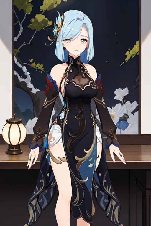 1girl, solo, masterpiece, indoors, <lora:FrostflowerDewv3:0.75>, shenhe \(genshin impact\), hair ornament,detached sleeves, chinese clothes, bare shoulders, china dress, black dress, jewelry, large breasts, cleavage,