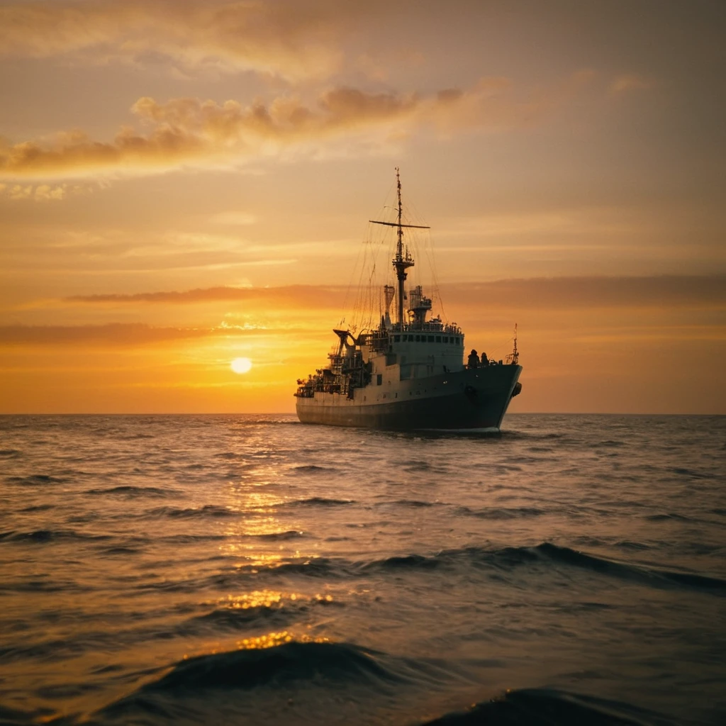 cinematic film still of  <lora:Warm Lighting Style:1>
warm light,a ship sailing in the ocean at sunset,warm lighting style,outdoors,sky,cloud,military,no humans,ocean,cloudy sky,scenery,sunset,sun,horizon,military vehicle,watercraft,ship,warship 3200k, orange color, yellow color, warm color, straw color, golden color, shallow depth of field, vignette, highly detailed, high budget, bokeh, cinemascope, moody, epic, gorgeous, film grain, grainy
