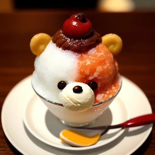 <lora:shaved_ice_v1:0.5>, food, cup, pokemon (creature), no humans, fruit, depth of field, blurry background, animal, table, reflection, bowl, realistic, ice cream, animal focus, cherry, solid circle eyes, bear, food focus, pudding, still life, shaved ice, faux traditional media, dessert, in food, omurice, ketchup, napkin, polar bear, food art, ANKG