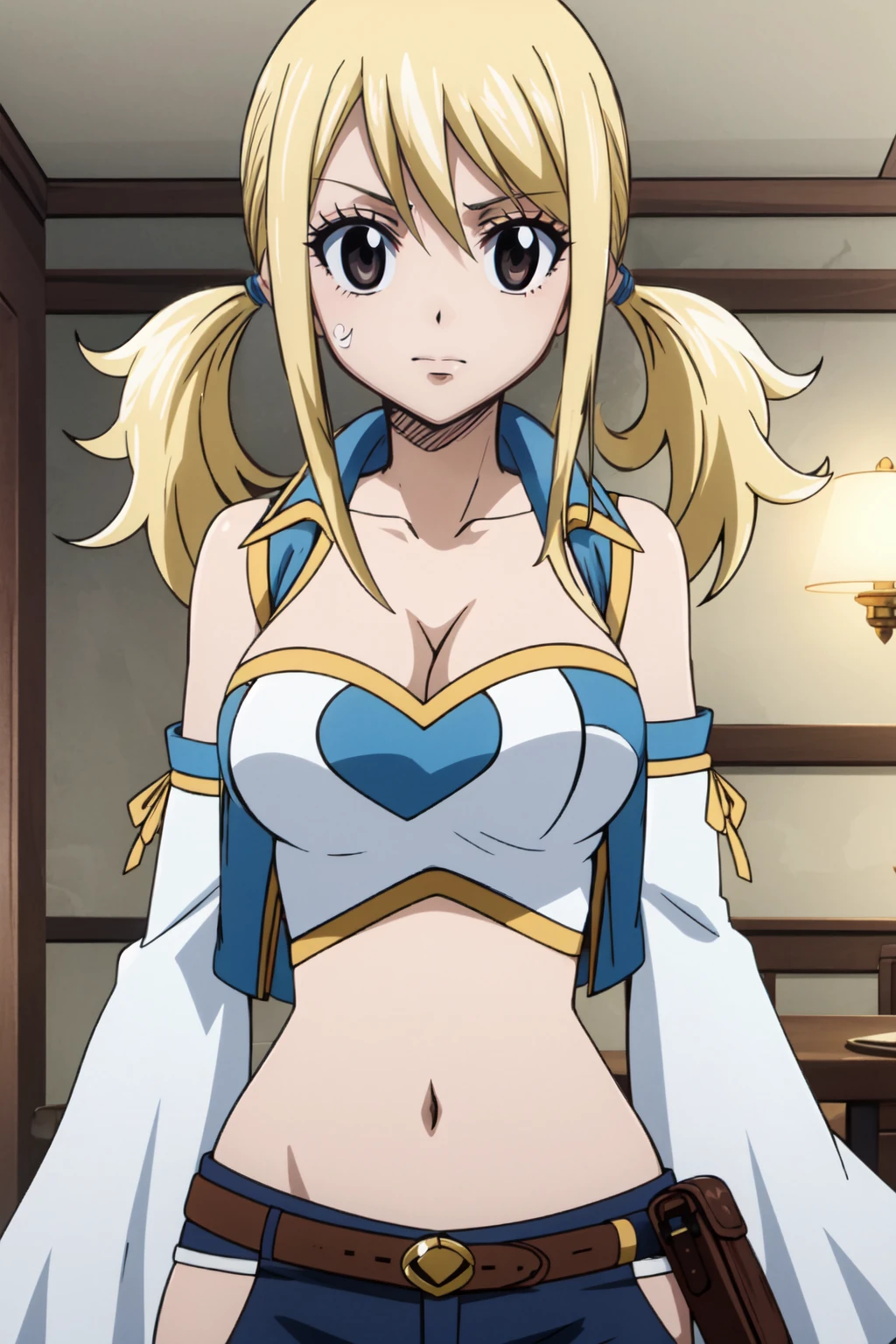 <lora:anime_screencap_v2:0.3> tall body, tall, long legs, mature female, mature, adult, <lora:GoodHands-beta2:1.4>,
<lora:eft_fairytail_lucy-02:1> , EFT_Fairytail_Lucy, lucy heartfilia, 1girl, breasts, blonde hair, cleavage, twintails, smile, large breasts, solo, brown eyes, looking at viewer, detached sleeves, midriff, navel, crop top, upper body