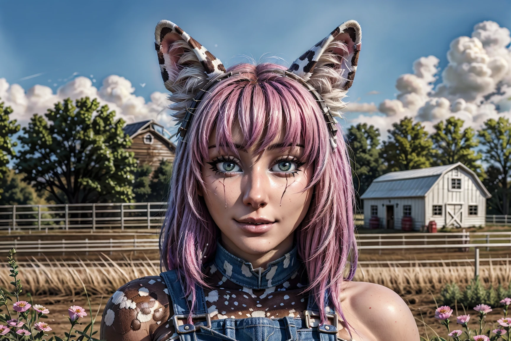 (not_furry:1.3), (human_focus:1.2), (close-up:1.2), female, (bimbofication:1.2), (girly:1.2), dog_ears, animal_ears, small_breasts, overalls,  (cow_print:0.8), leather, farm, outside, (fantasy:1.3), (magic:_the_gathering:1), official_art, realistic, (digital_painting_\(artwork\):1.1), masterpiece, <lora:dogcore:0.5>