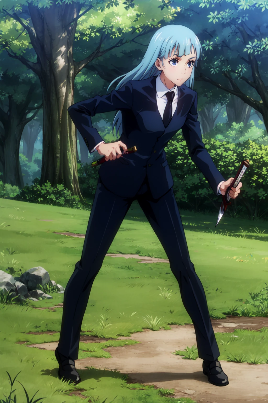 <lora:anime_screencap_v2:0.3> tall body, tall, long legs, mature female, mature, adult, <lora:GoodHands-beta2:1.4>,
<lora:eft_jjk_miwa:1> , eft_jjk_miwa, 1girl, weapon, sword, solo, long hair, necktie, formal, holding, blue hair, suit, katana, holding weapon, holding sword, shirt, outdoors, pants, black necktie, sheath, bangs, white shirt, black pants, tree, collared shirt, grass, blunt bangs, nature, closed mouth, forest, straight hair, standing, jacket, anime coloring, black suit, fighting stance, pant suit, day, black jacket, light blue hair, long sleeves