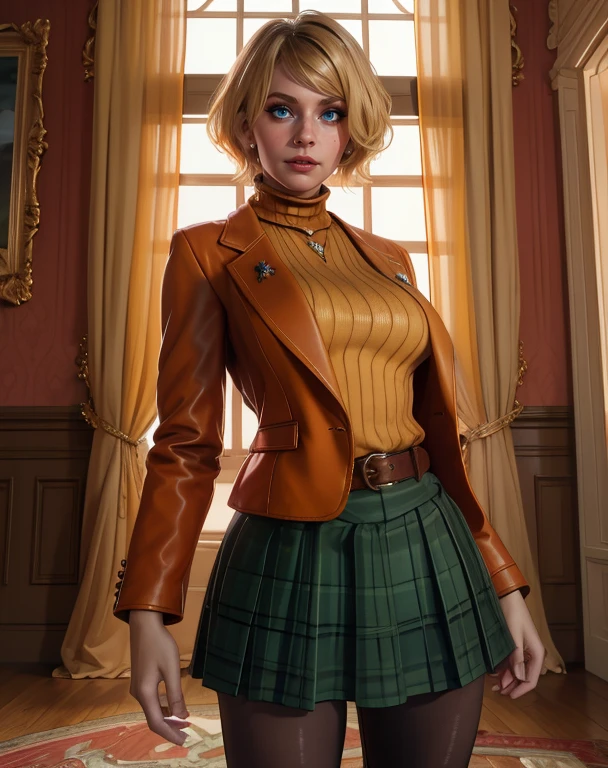 ashley,blue eyes,blonde hair,short hair,
orange jacket,orange turtle neck,necklace,skirt,belt,pantyhose,boots,
mansion,indoors,
standing,  upper body, 
(insanely detailed, masterpiece, beautiful face, best quality),solo,<lora:ashleyREM:0.8>,