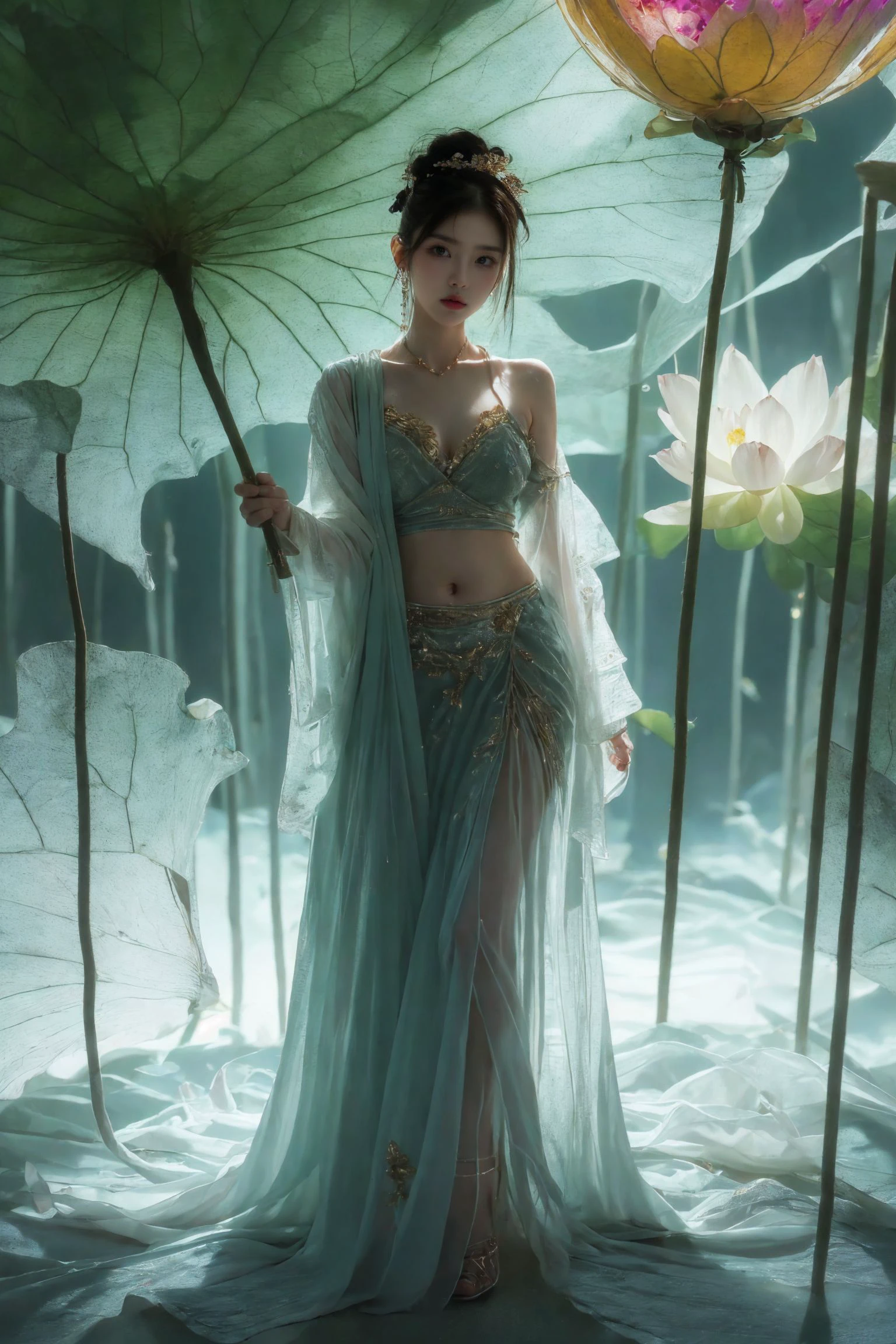 ultra high resolution,((masterpiece))),(((best quality))),((super detailed)),((extremely delicate and beautiful)),cinematic light,detailed environment,(real),cinematic light,detailed environment,(real),
(RAW photo, 4k, realistic, exquisitely detailed skin :1.3),masterpiece,best quality,an award-winning work,ultra detailed,depth of field,cinematic angle,cinematic light,low key,dark scene,(soft warm laterial lighting:1.2),(hdr:1.4),
(hyperrealism, soft light, sharp),(hyperdetailed:1.2),cinematic lighting,explosions,over exposure,intricate details,magazine cover,dynamic angle,chiaroscuro,emotional impression,(Psychedelic,drunk:1.5),
(realistic, photo-realistic:1.37),extremely detailed,photography,8k,Amazing,finely detailed,best quality,ultra high res,exceptional detail,atmospheric depth,masterful technique,harmonious composition,cinematic lighting,immersive atmosphere,stunning visuals,rose Red and blue,light bronze and indigo,
xuer Lotus leaf,1girl,(full body:1.1),hanfu,chinese clothes,long sleeves,jewelry,Dynamic Angle,Perspective,extremely beautiful skin,natural skin texture,beautiful and aesthetic,atmospheric,extremely detailed background,(shiny skin:1.5),(exposed collarbone, exposed shoulders:1.2),
navel,red lips,necklace,bare shoulders,breasts,wide sleeves,solo focus,detachedsleeves,standing,looking at viewer,makeup,earrings,midriff,hair ornament,skirt,long sleeves,lips,depth of field,cleavage,
<lora:~Q?-wS xuer Lotus leaf:0.8>,