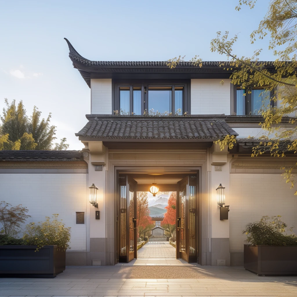 <lora:JJsChineseStyleHouse:0.7> ,((Chinese Style House)), building,masterpiece , best quality, RAW photo, subject, 8k uhd, dslr, soft lighting, high quality, film grain, Fujifilm XT3, outdoors, sky, day, cloud, tree, blue sky, ground vehicle, building, scenery, road, lamppost, real world location,, door,entrance, beam,column, window,trees, sunlight, public blocks,daytime, mountains, lively city streets, enough detail, high resolution, 8k, HD, super realistic, Photorealistic, highly detailed, door, fense, gate,