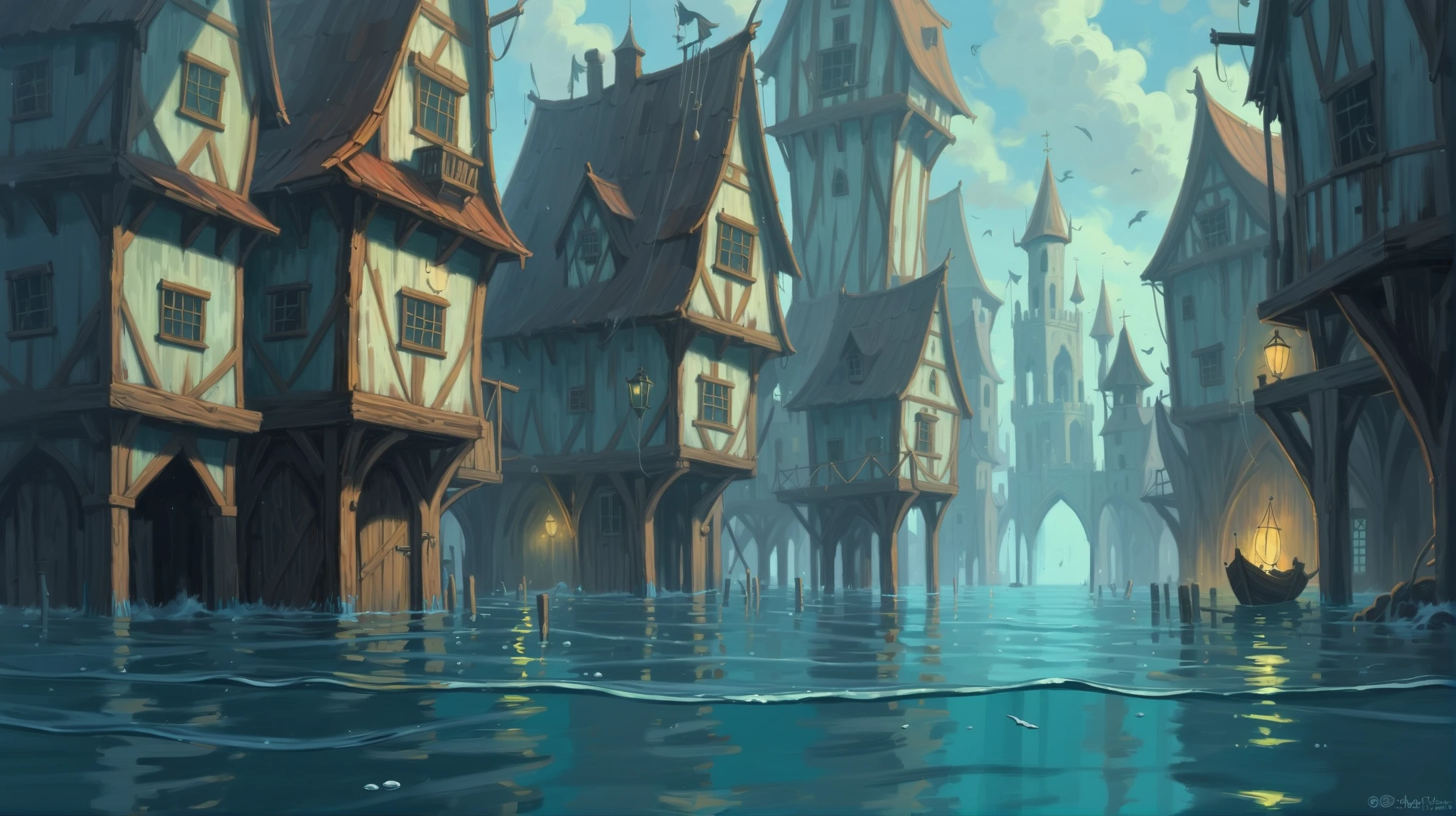 digital painting, rustic,underwater fantasy town outside of time<lora:EnvyPicturesqueXL01:1>