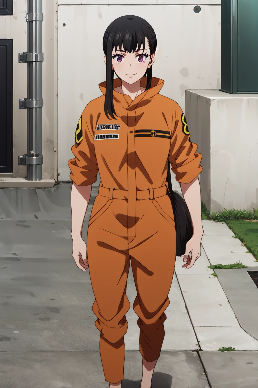 <lora:anime_screencap_v2:0.3> tall body, tall, long legs, mature female, mature, adult, <lora:GoodHands-beta2:1.4>,
<lora:eft_ff_buff:1> eft_FireForce_Tomboy, 1girl, purple eyes, jumpsuit, black hair, smile, solo, looking at viewer, bangs, ponytail, long hair