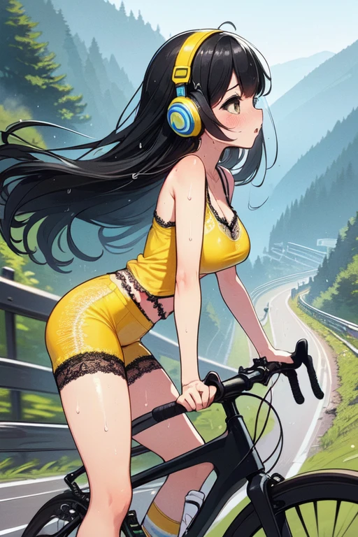 (((masterpiece))), (((best quality))), (((speed lines))), (((from behind))), (((riding a downhill road bike))), (((hands on handlebar))), (((steep slope))), headphones, pink lace cycling shorts, strong wind, 1girl, ribbon, black longhair, collarbone, cleavage, ((huge tits)), ((sweat)), ((wet body)), shy. blush, thighs, (((knee))), ((shoes)), ((wheel)), ((slender figure)), (((night))), (((countless house in town close to sea))), <lora:girllikedownhill:1>