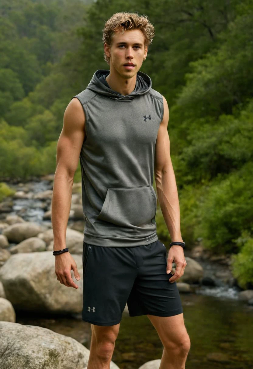 photo of Noah Centineo a man <lora:paul-cuffaro-Noah-Centineo:1>, wearing a sleeveless well-fitted under armour hoodie and compression shorts, standing on a boulder, outdoor trail, 35mm photograph, film, bokeh, professional, 4k, highly detailed, creek in the background, natural lighting, golden hour