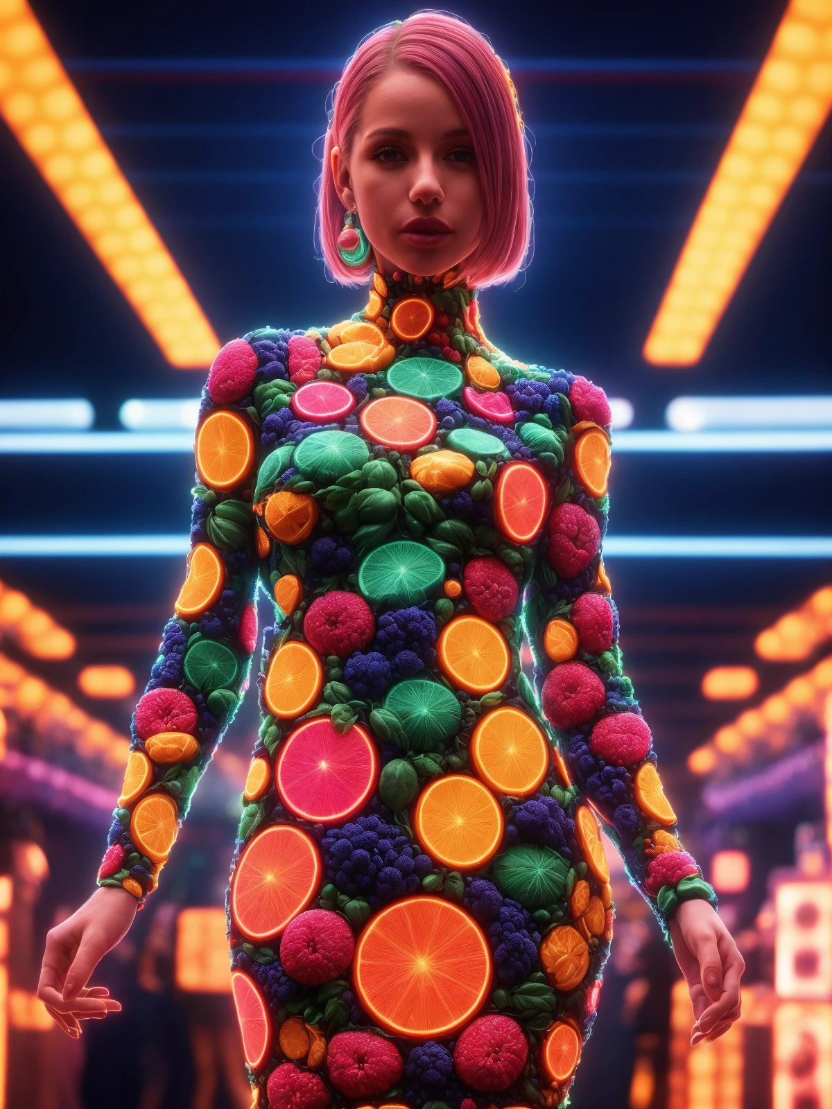 woman wearing a mad-frts dress, disco lights, (crowded night club:1.3) <lora:Neon_Fruits_Style_SD1.5:0.8>  masterpiece, best quality