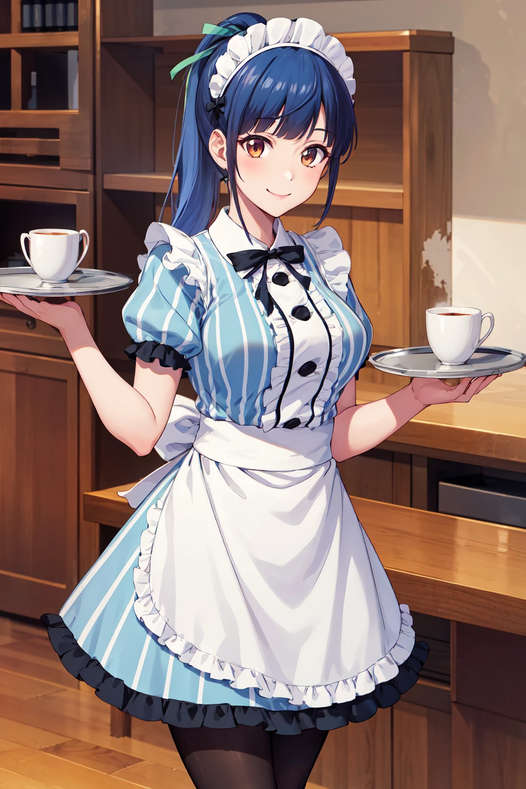 masterpiece, best quality, highres, 1girl, solo, long hair, blue hair, ponytail, hair ribbon, maid headdress, brown eyes, neck ribbon, frills, vertical stripes, blue dress, short sleeves, apron, black pantyhose, <lora:tsuruga_ami_v1:0.7>, standing, holding tray, cup, smile, cowboy shot,