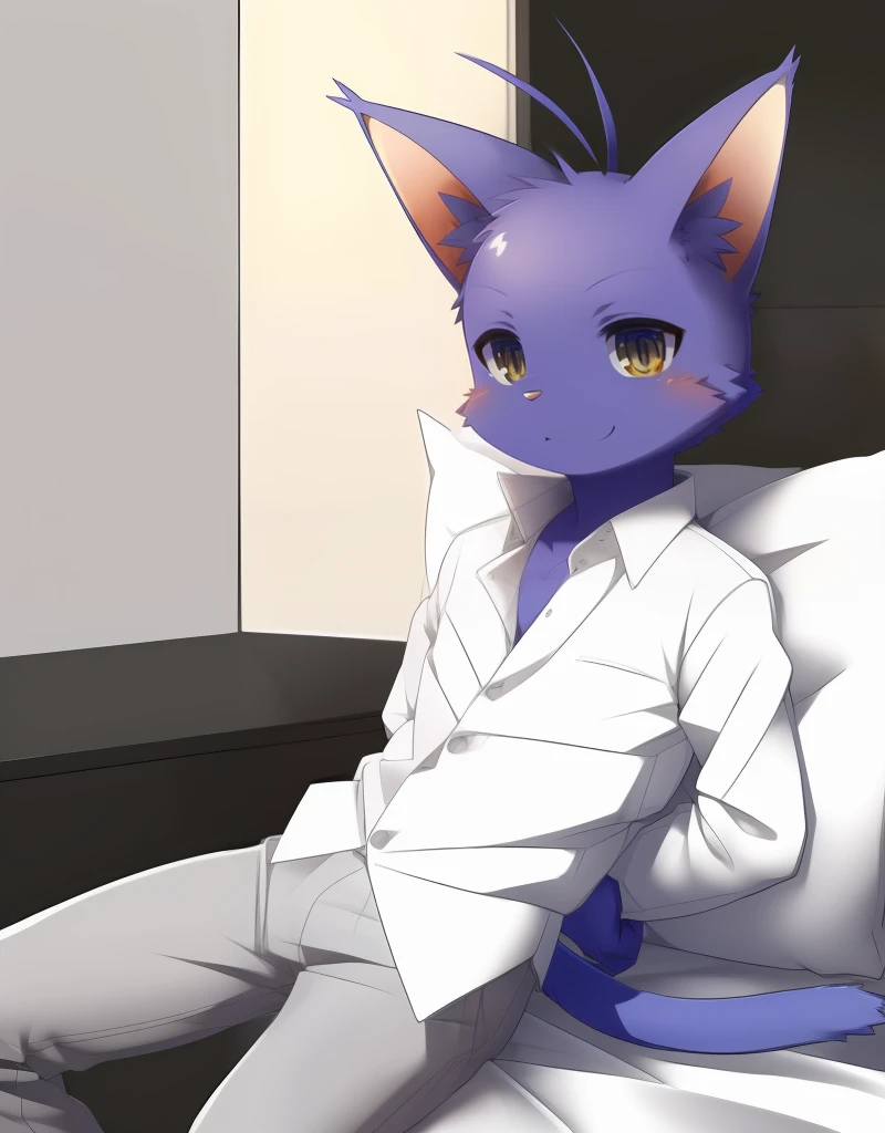 (((detailed eyes, detailed face))), (furry, shin <lora:character_shin_findigo_v2:1>, purple skin, ahoge, antenna hair, cat), male, (solo), (plump), (white shirt, grey pants), sitting, (arms behind back), smile BREAK (konzaburou, ukan_muri, cute), bedroom, (flat shading, flat color, high brightness), 8k, UHD, masterpiece, (full body)