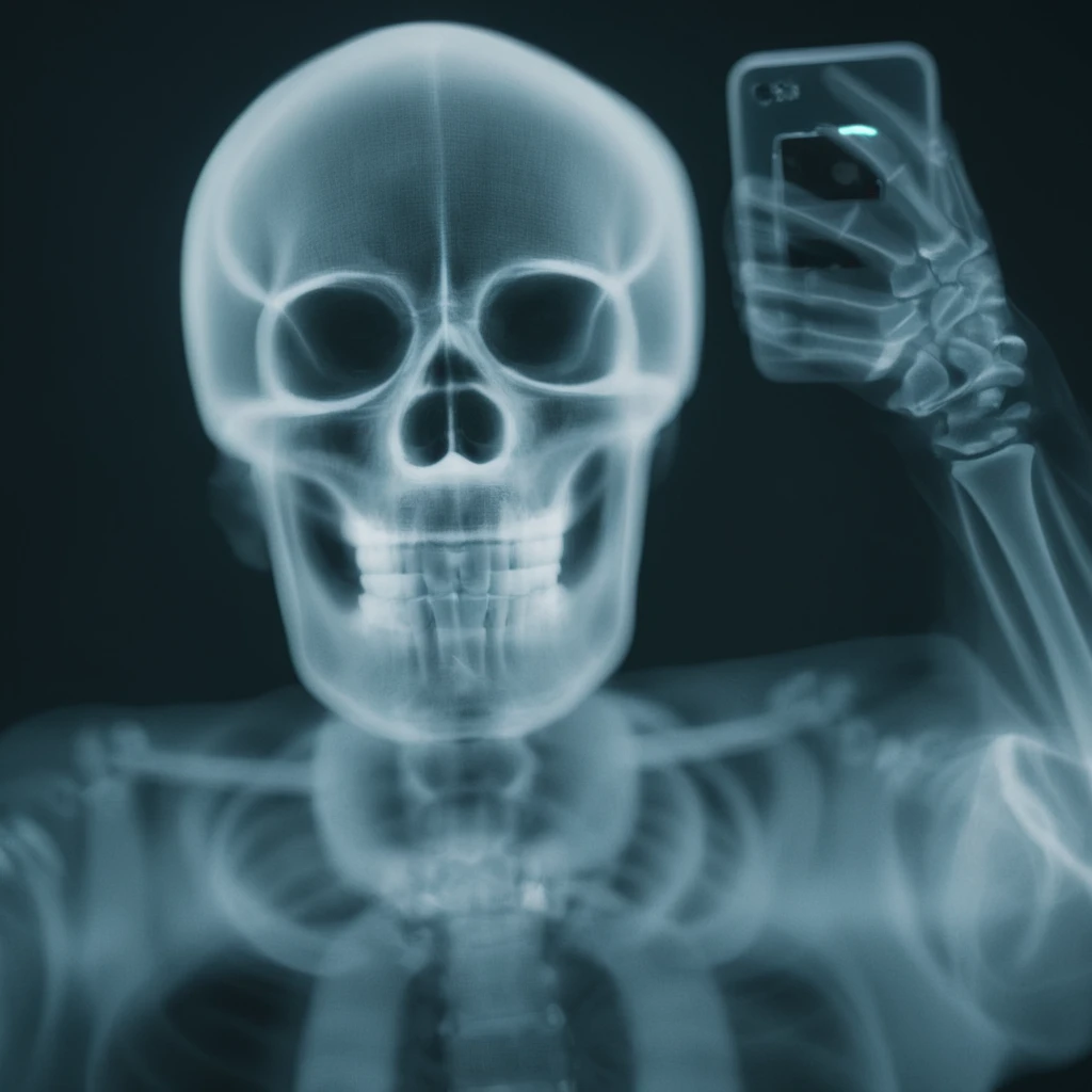cinematic film still of  <lora:x-ray style:1> X-ray of
a skeleton taking a selfie while smiling to the camera
,x-ray style, shallow depth of field, vignette, highly detailed, high budget, bokeh, cinemascope, moody, epic, gorgeous, film grain, grainy
