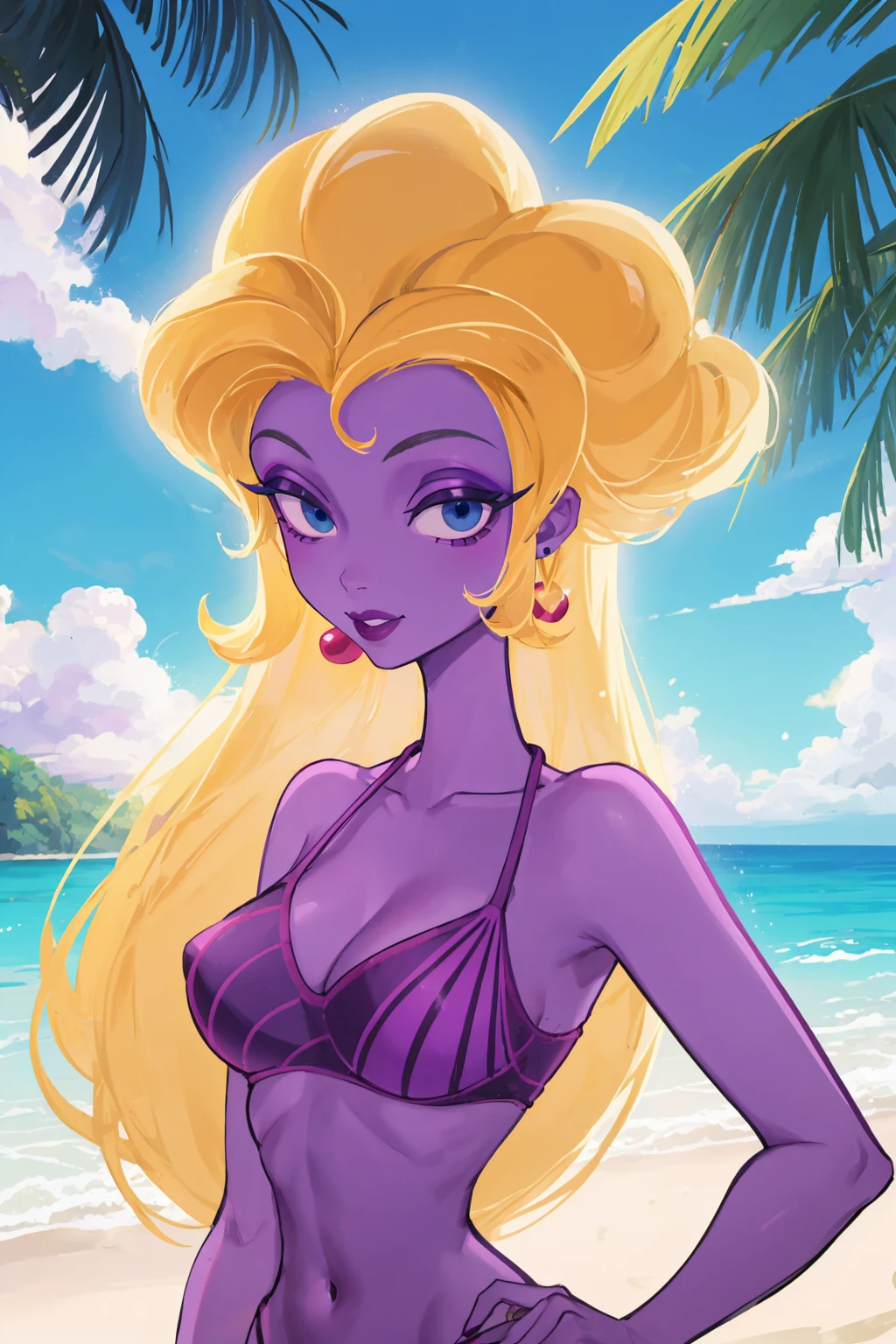masterpiece, best quality, 1girl, aphrodite, blonde hair, long hair, blue eyes, purple skin, colored skin, earrings, lipstick, makeup, bikini, looking at viewer, upper body, smile, solo, sea, beach, blue sky, tropical island background <lora:AphroditeV2:1>