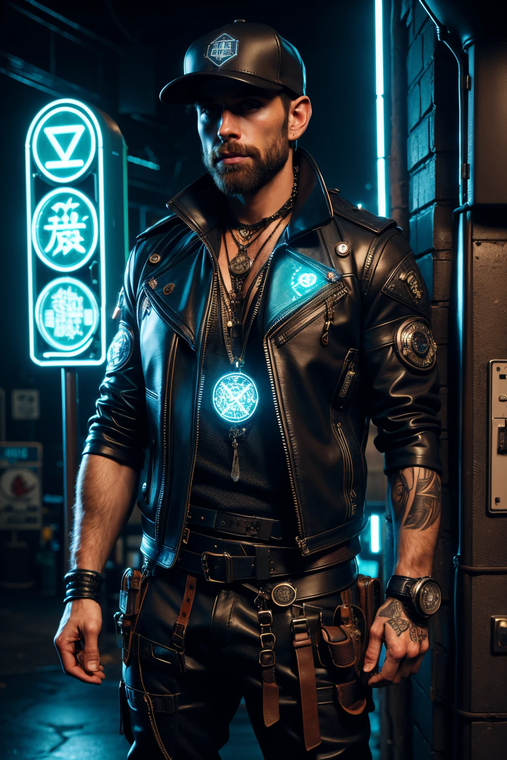 man, streetmage, cloth vest, flat cap, talismans, magic runes, eletricty, cyberpunk, (neon signs, dark alley:1.2), garbage, dirt,  <lora:Neon_Cyberpunk_SD1.5_Techno_Mages:0.8>, masterpiece, best quality, ultra high res, (photorealistic, realistic:1.2), deep shadow, raw photo, film grain, Fujifilm XT3, 8k uhd, dslr