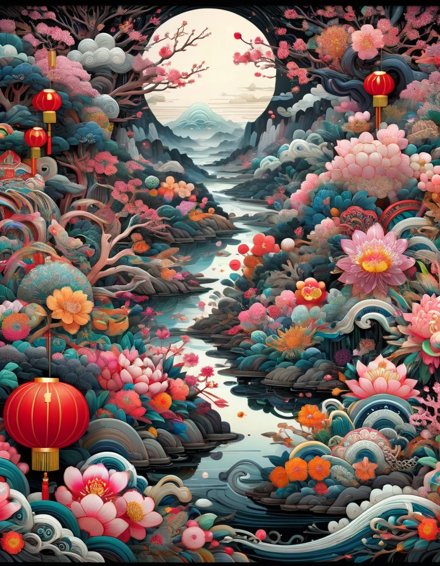professional photograph of a bizarre otherworldly landscape by Miho Hirano and A.J.Casson and Qian Xuan and Brandon Mably , bold lines, hyper detailed, dark limited palette, chiaroscuro, (intricate details, masterpiece, best quality:1.4), ral-springfestival <lora:ral-springfestival:1>