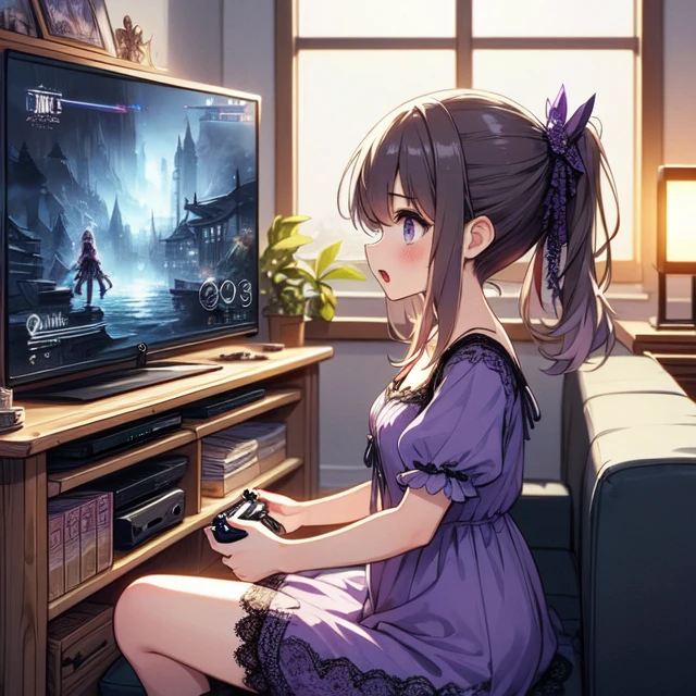 (((masterpiece))), (((best quality))), (((from side))), (((playing videogame))), ((RPG game interface on TV)), manga bookcase, playstation, solo, 1girl, ((sitting on sofa)), cleavage, big tits, ribbon, brown updo, ((purple lace dress)), love, open mouth, shy, blush, petite figure proportion, wooden floor, CD, dolls, table, poster, ((window)), (((night view))), <lora:girllikevideogame:1>