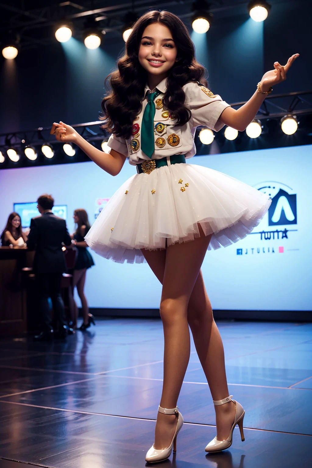 (best quality, masterpiece), 1 girl is settima,<lora:settima:0.6>, , preteen, smipy, winking, full figure, white tut, nightclub background, elegant shoes, high heels