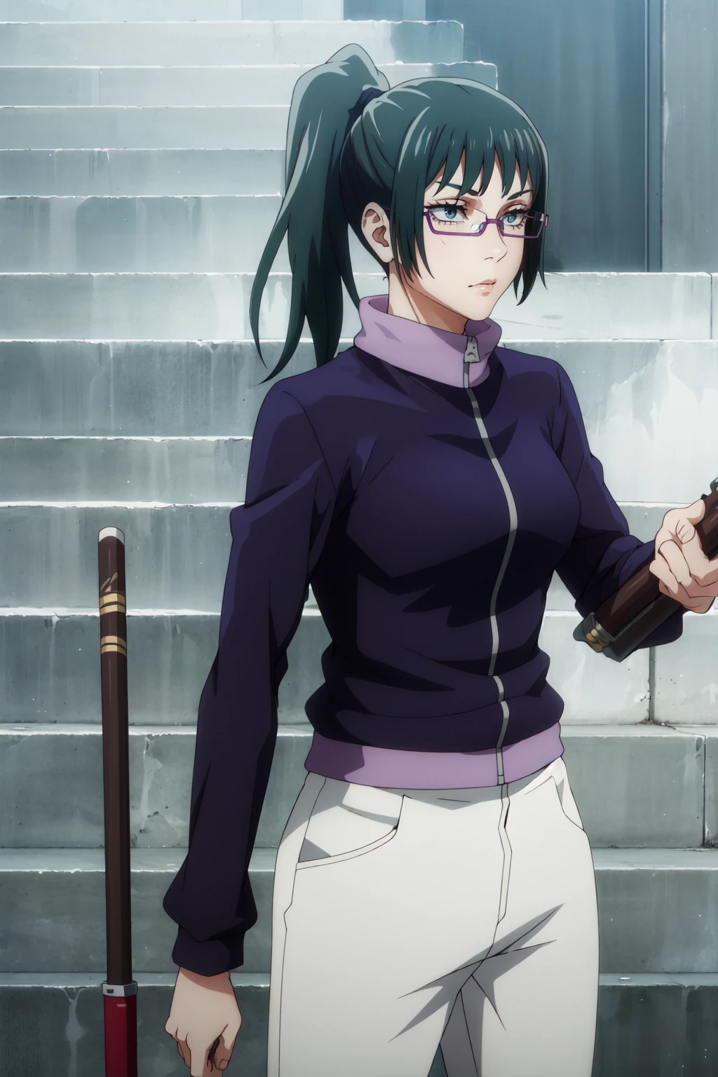<lora:anime_screencap_v2:0.3> tall body, tall, long legs, mature female, mature, adult, <lora:GoodHands-beta2:1.4>,
<lora:eft_jjk_maki:1> , eft_jjk_maki, 1girl, solo, glasses, ponytail, weapon, polearm, green hair, holding, long hair, bangs, jacket, upper body, closed mouth, long sleeves, black hair, semi-rimless eyewear, holding weapon