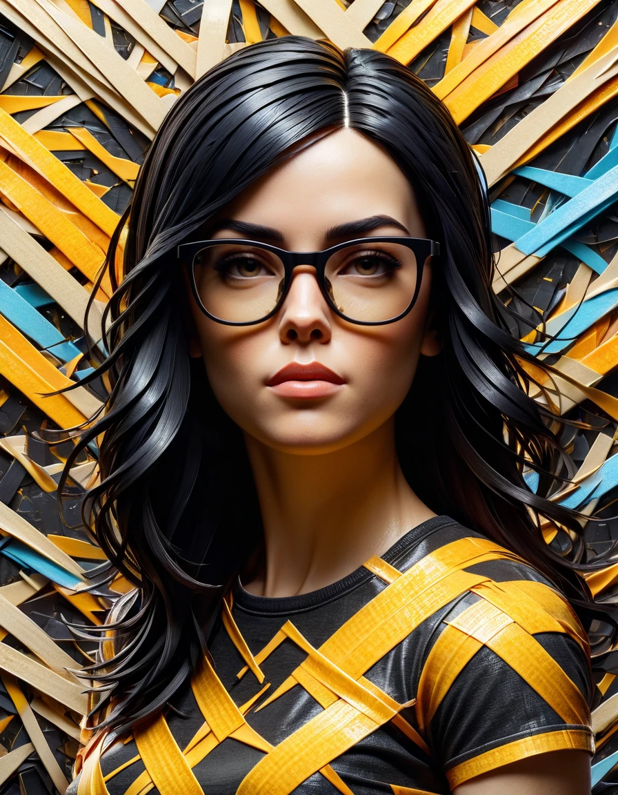 Oil painting style art abstract impressionism painting with rough brush strokes, masterpiece, best quality, a long black haired, 50yo woman ral-3dcubes,glasses, a gold T-shirt, minimalist background with vibrant color splashes, looking at viewer, intricate details, solo, upper body, 3d render, cinematic lighting, detailed, volumetric, ral-barriertape <lora:ral-barriertape:1> ral-barriertape landscape