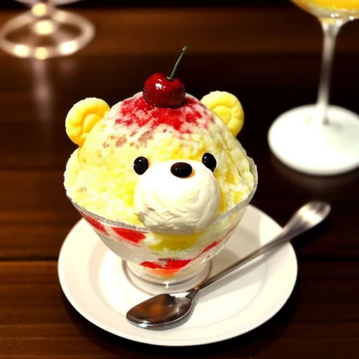 <lora:shaved_ice_v1:0.5>, solo, looking at viewer, sitting, full body, food, indoors, signature, blurry, black eyes, cup, pokemon (creature), no humans, fruit, depth of field, blurry background, bird, animal, table, plate, drinking glass, reflection, bowl, dog, realistic, ice cream, spoon, glass, animal focus, rice, cherry, holding spoon, solid circle eyes, bear, food focus, parfait, pudding, still life, shaved ice, faux traditional media, dessert, omelet, in food, omurice, ketchup, napkin, polar bear, food art, ANKG, animal kakigoori