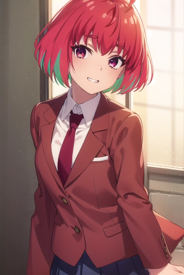 kanafujii, <lora:kana fujii s1-lora-nochekaiser:1>,
kana fujii, short hair, bangs, (red eyes:1.3), ahoge, red hair, multicolored hair, green hair, two-tone hair, thick eyebrows, grin,
BREAK skirt, shirt, long sleeves, school uniform, jacket, white shirt, pleated skirt, necktie, collared shirt, red skirt, blazer, red necktie, brown skirt, brown jacket,
BREAK indoors, classroom,
BREAK looking at viewer, (cowboy shot:1.5),
BREAK <lyco:GoodHands-beta2:1>, (masterpiece:1.2), best quality, high resolution, unity 8k wallpaper, (illustration:0.8), (beautiful detailed eyes:1.6), extremely detailed face, perfect lighting, extremely detailed CG, (perfect hands, perfect anatomy),
