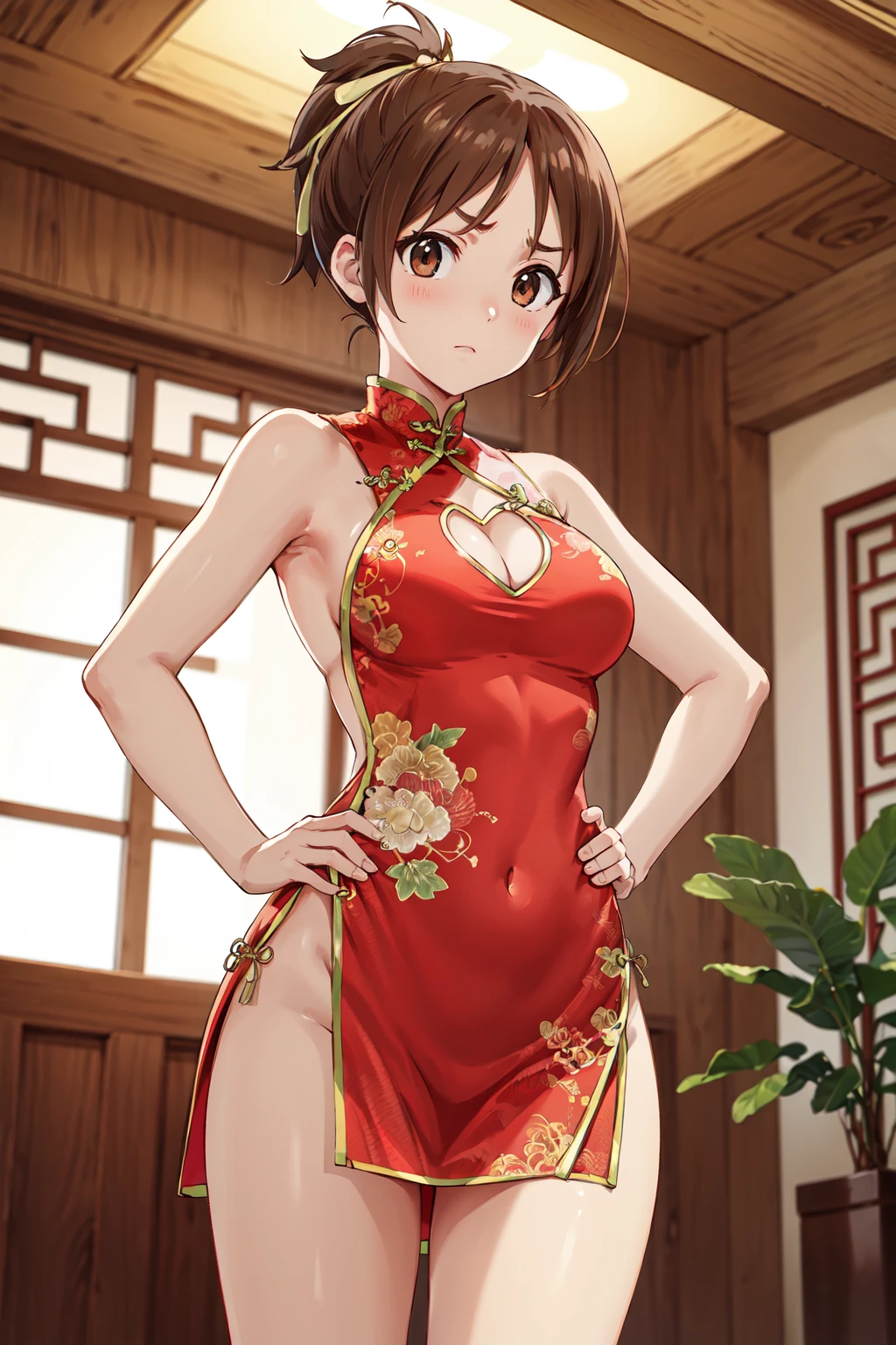 masterpiece,best quality,highres,ultra-detailed,aaui,short hair,ponytail,hair ribbon,<lora:hirasawa_ui:0.7>,bare shoulders,china dress,chinese clothes,short dress,cleavage cutout,sideboob,thighs,hands_on_hips,(furrowed_brow:1.2),indoors,front view,(from_below:1.2),